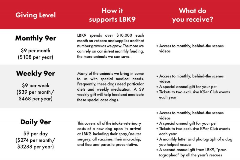 K9er Club Giving Levels table